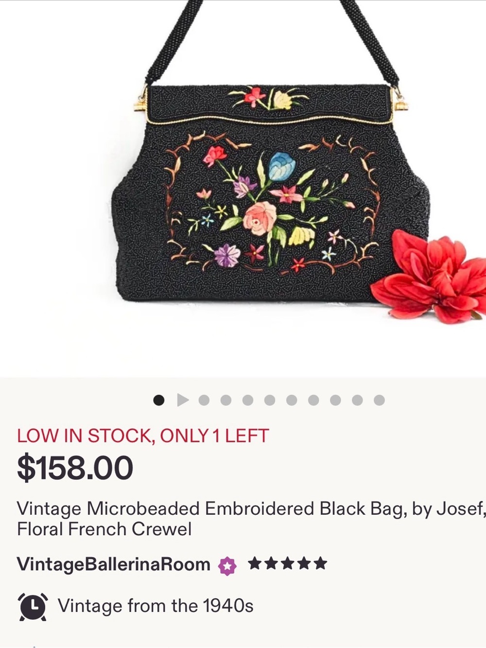 Vintage Microbeaded Embroidered Red Bag, by Josef, Floral French Crewe